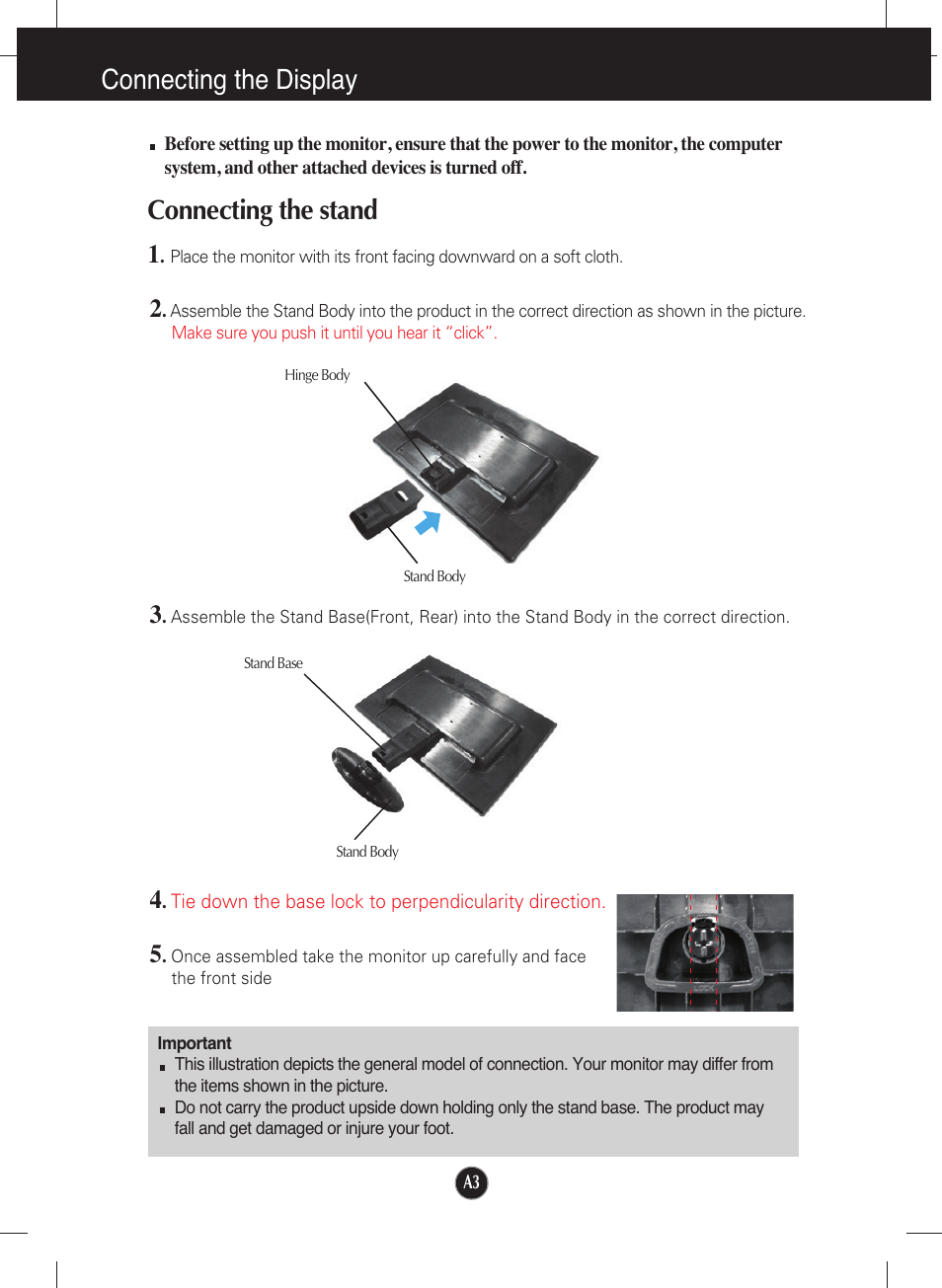 Connecting the display, Connecting the stand | LG W1942T-PF User Manual | Page 4 / 25