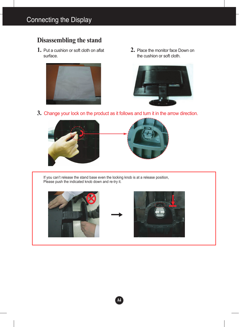 Disassembling the stand, Connecting the display | LG W1942T-PF User Manual | Page 5 / 25