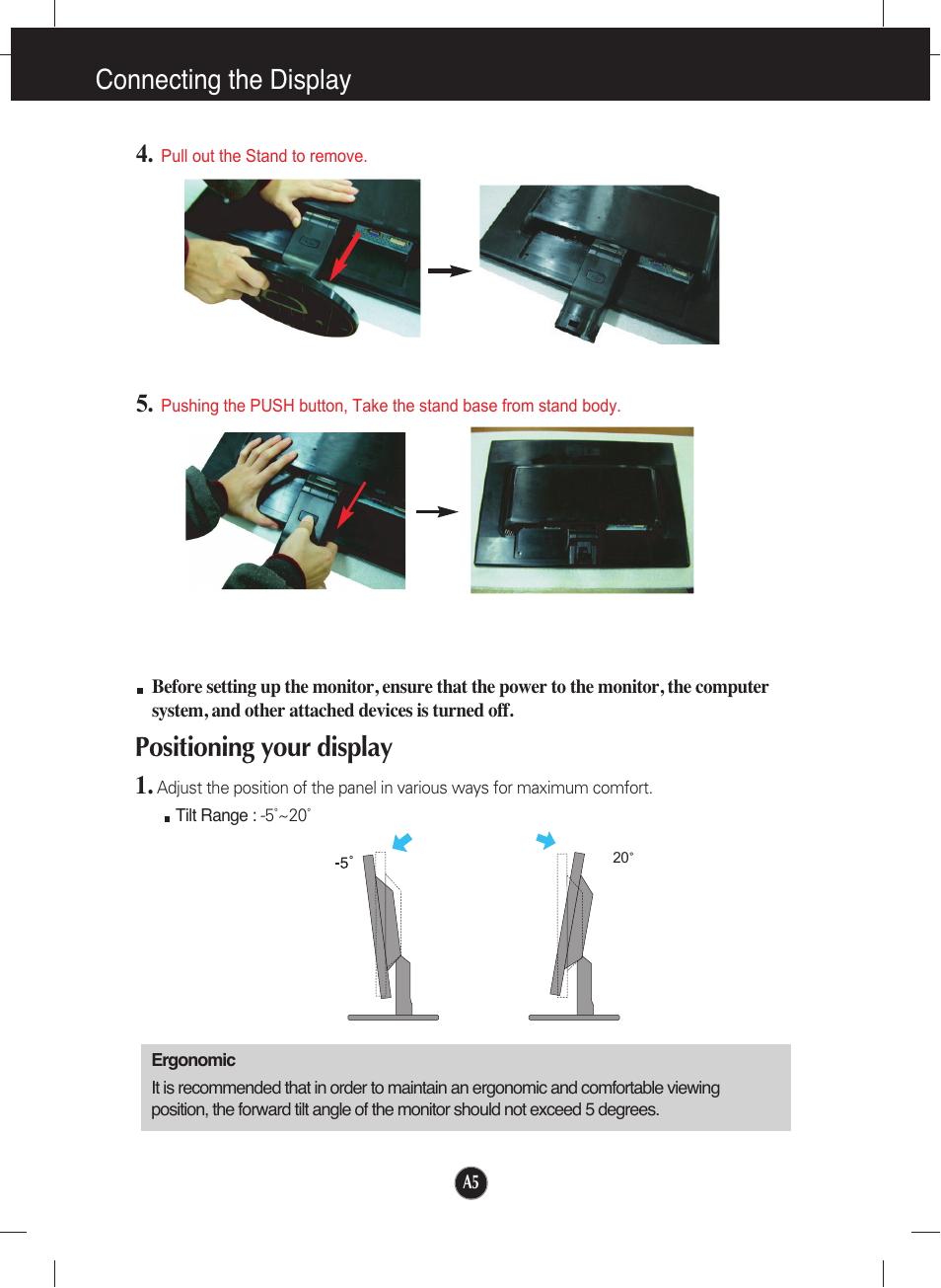 Connecting the display, Positioning your display | LG W1942T-PF User Manual | Page 6 / 25