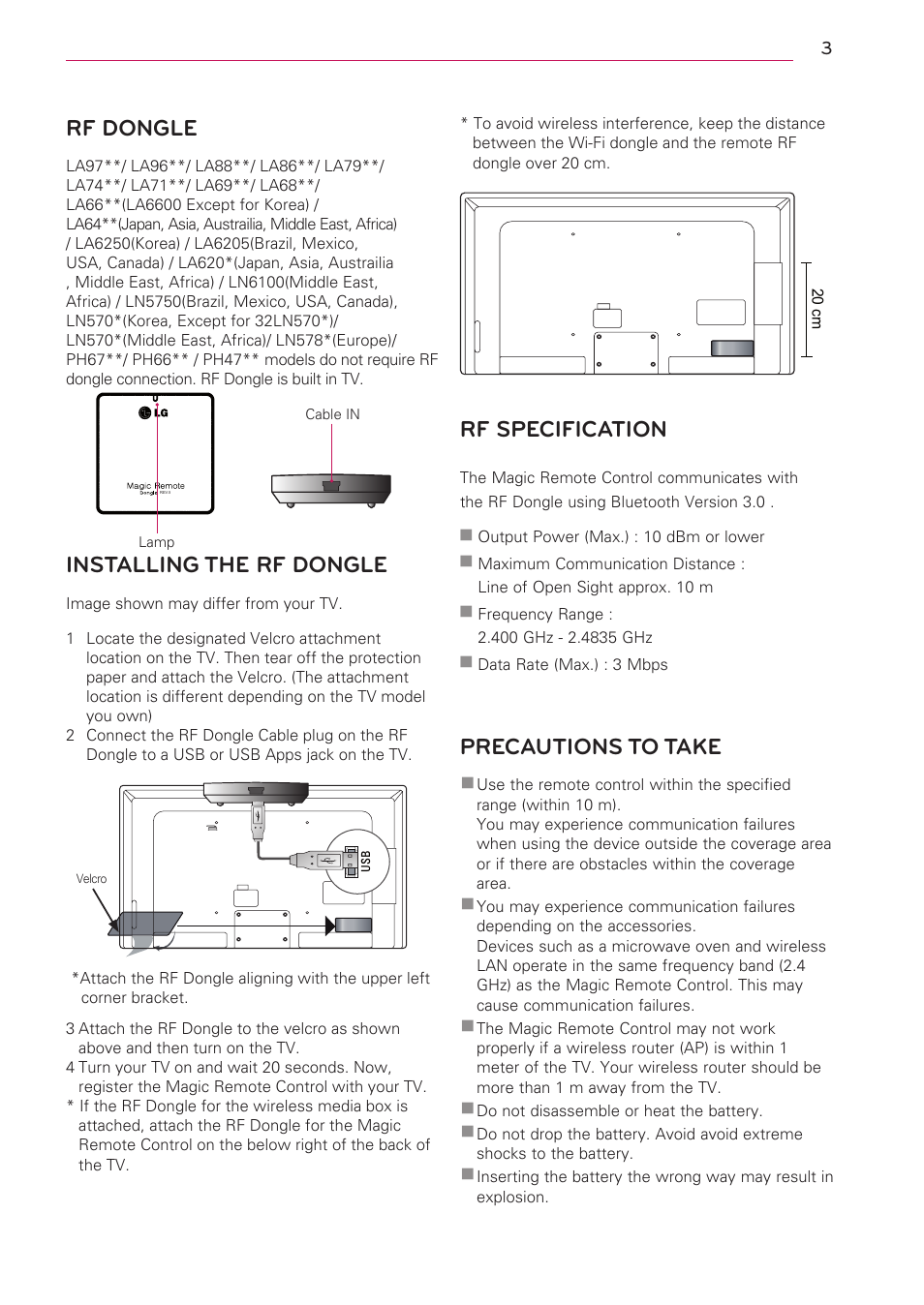 Rf dongle, Installing the rf dongle, Rf specification | Precautions to take | LG AN-MR400 User Manual | Page 3 / 5
