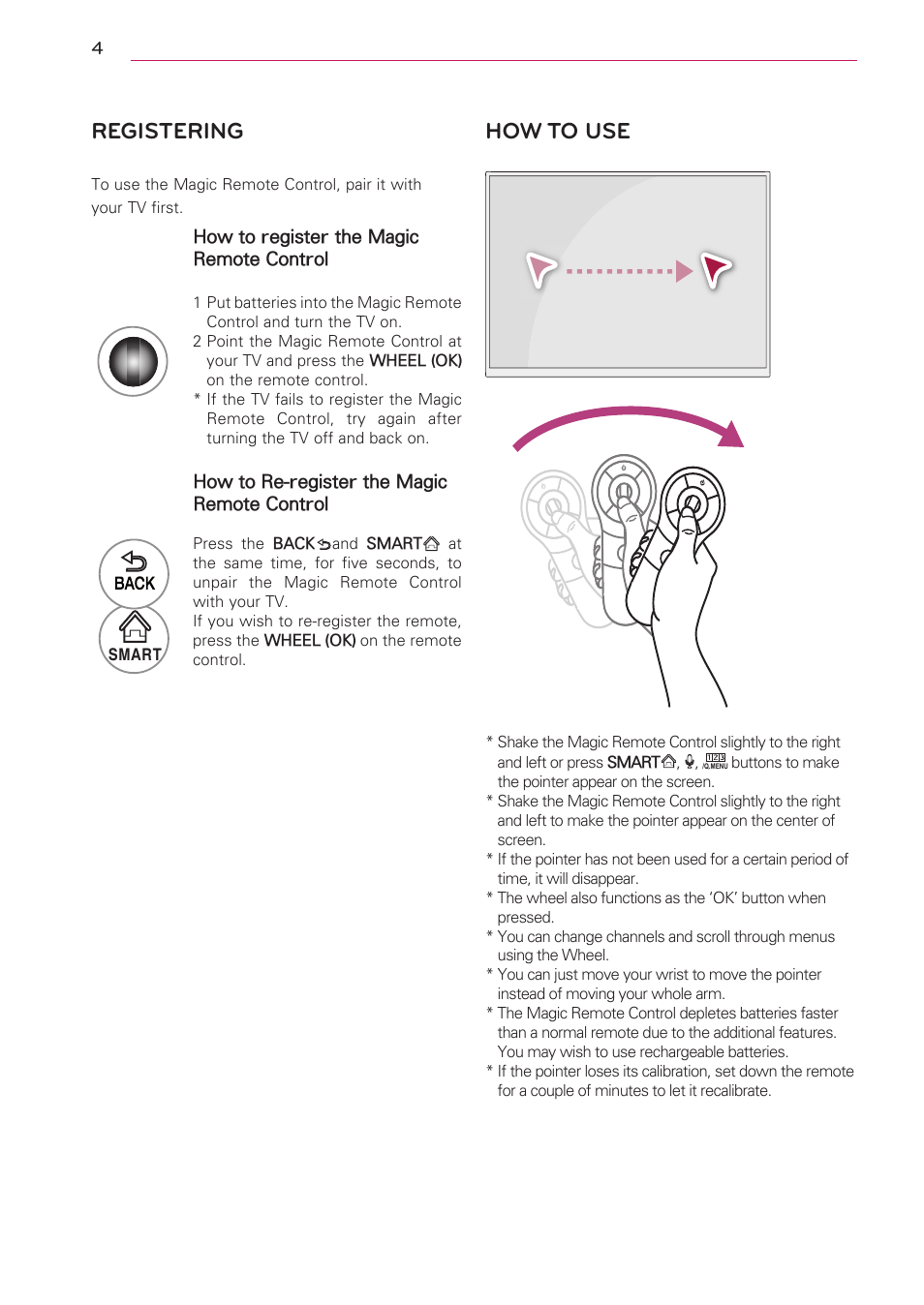 Registering, How to use, How to register the magic remote control | How to re-register the magic remote control | LG AN-MR400 User Manual | Page 4 / 5