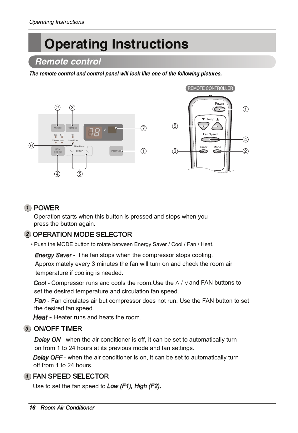 Operating instructions, Remote control, Fan speed selector | Power on/off timer, Operation mode selector, Heat | LG LW1214HR User Manual | Page 16 / 48