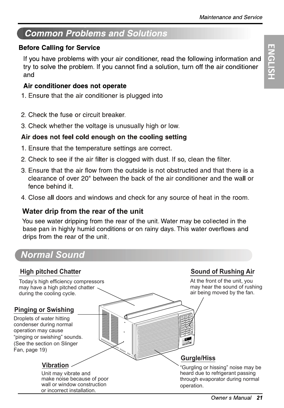 Normal sound, Water drip from the rear of the unit | LG LW1214HR User Manual | Page 21 / 48