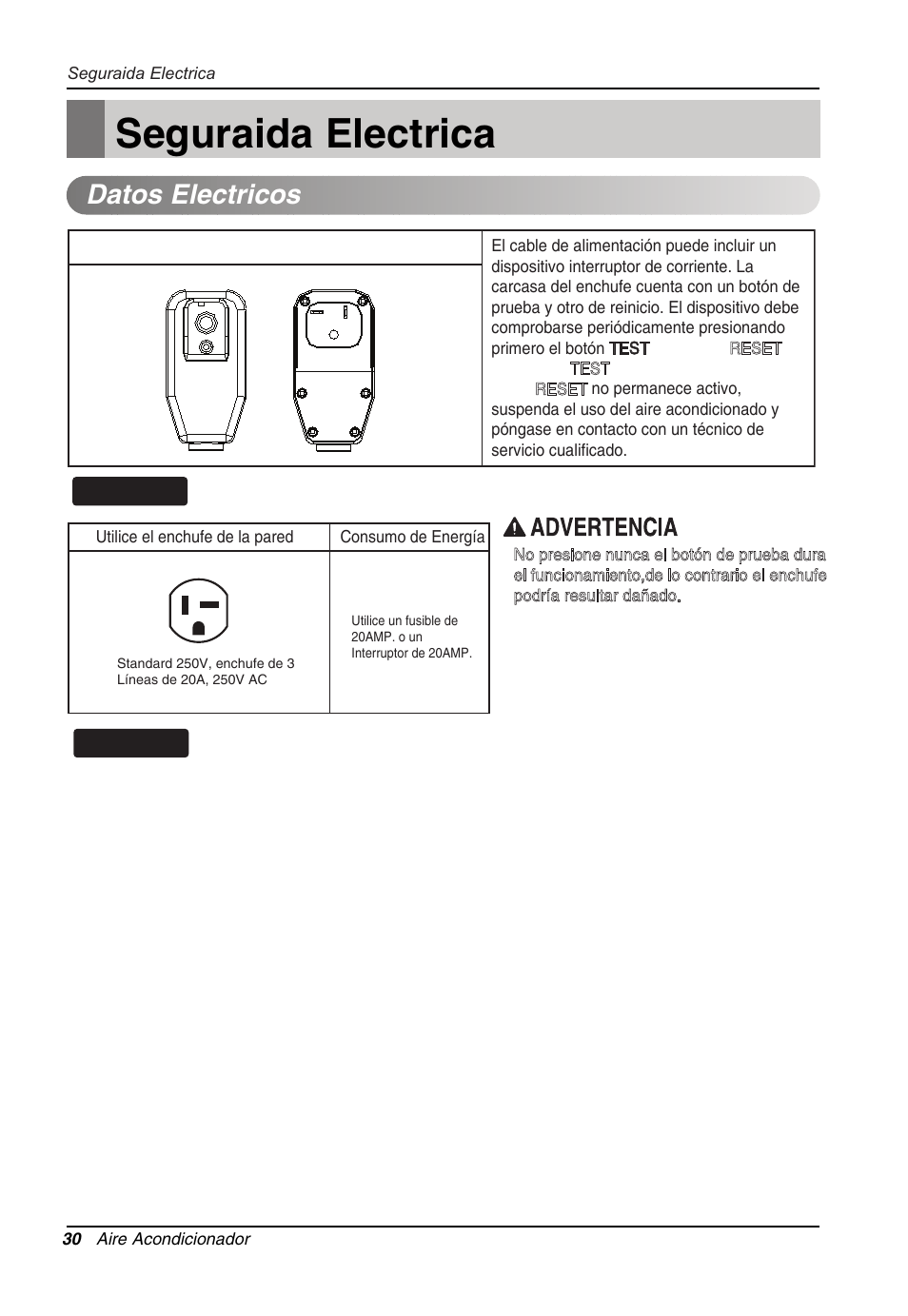 Seguraida electrica, Datos electricos, Consejo | LG LW1214HR User Manual | Page 30 / 48