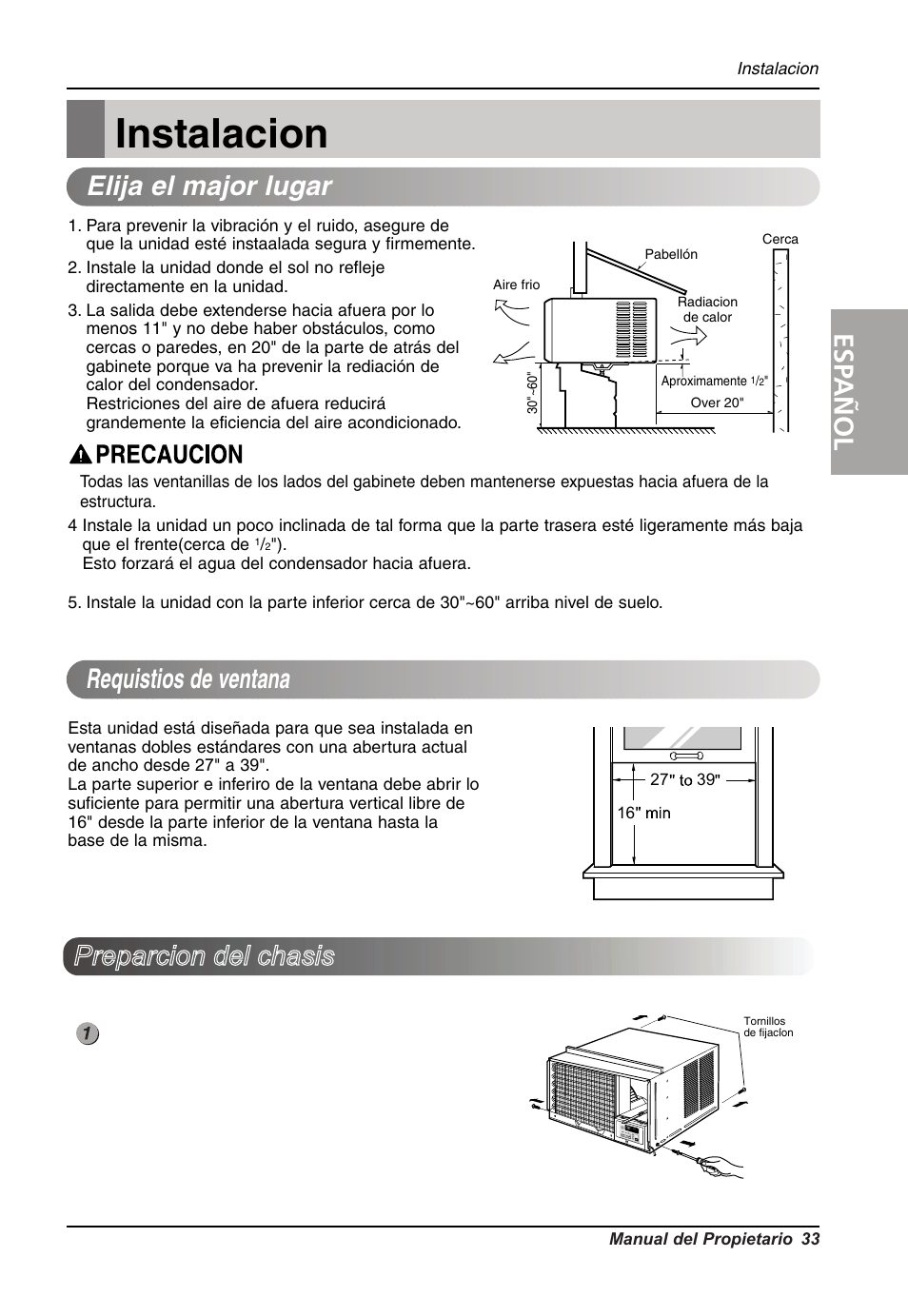 Instalacion, Esp añol, Elija el major lugar | Requistios de ventana preparcion del chasis | LG LW1214HR User Manual | Page 33 / 48
