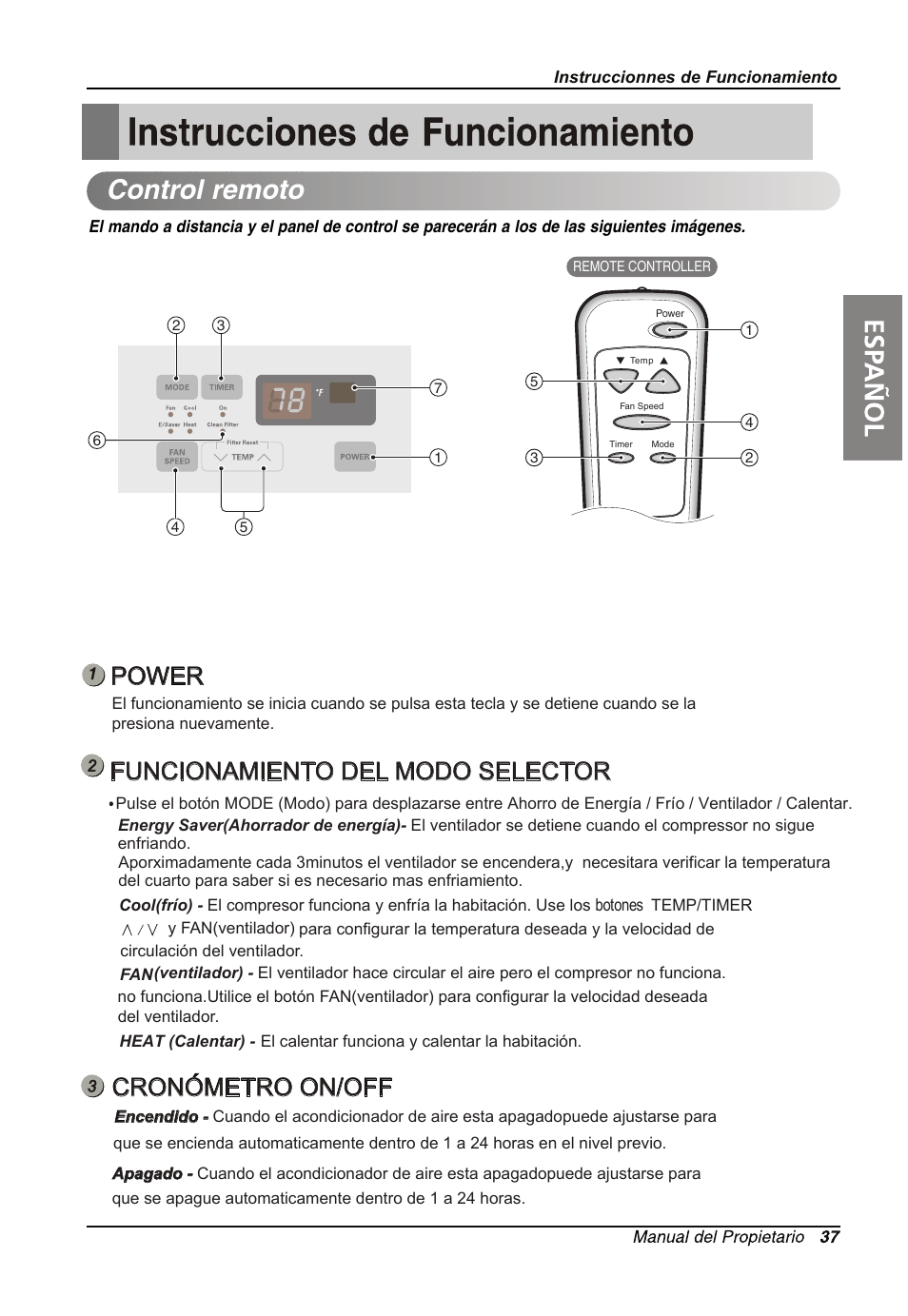 Instruccionnes de funcionamiento, Control remoto, Power | Cronometro on/off, Funcionamiento del modo selector | LG LW1214HR User Manual | Page 37 / 48