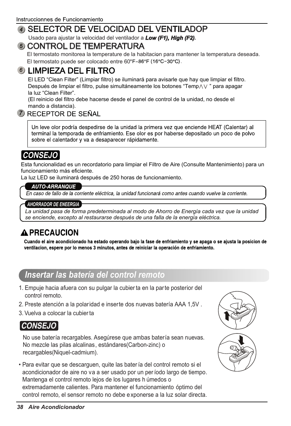 Insertar las batería del control remoto, Consejo, Selector de velocidad del ventiladop | Control de temperatura, Limpieza del filtro | LG LW1214HR User Manual | Page 38 / 48