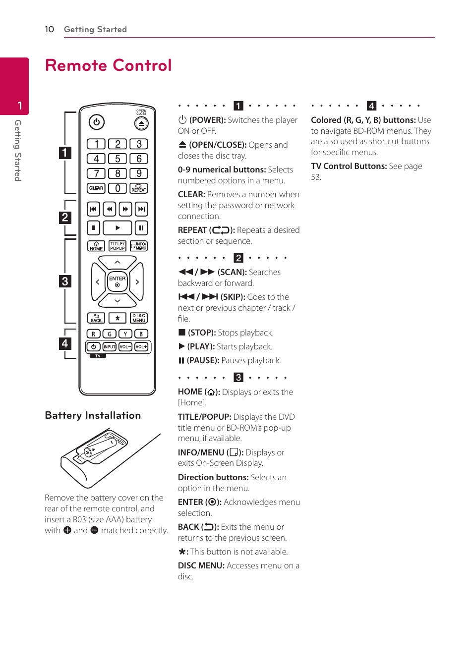 Remote control, 10 remote control | LG BP530 User Manual | Page 10 / 68