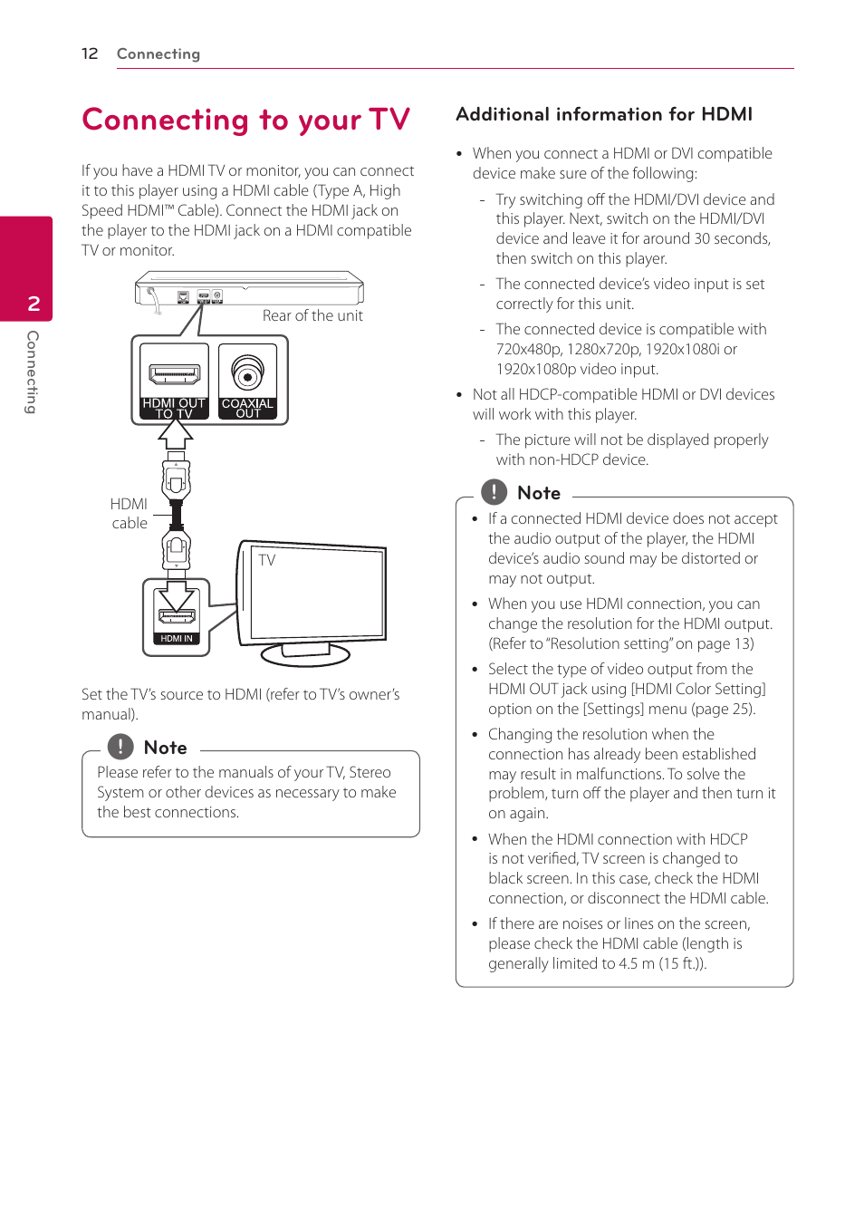 2 connecting, Connecting to your tv | LG BP530 User Manual | Page 12 / 68
