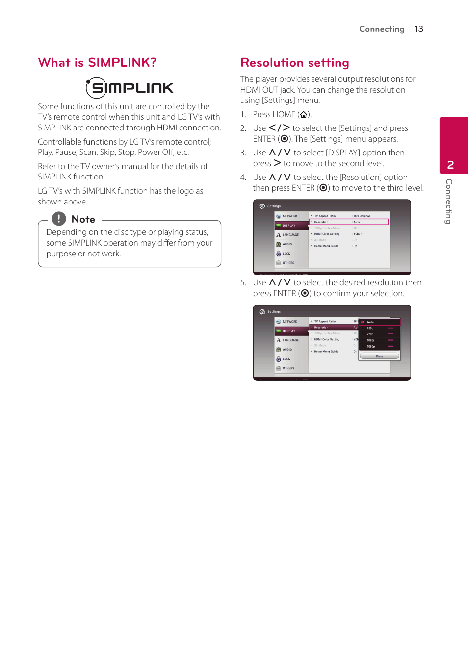 What is simplink, Resolution setting, 13 – what is simplink? 13 – resolution setting | LG BP530 User Manual | Page 13 / 68