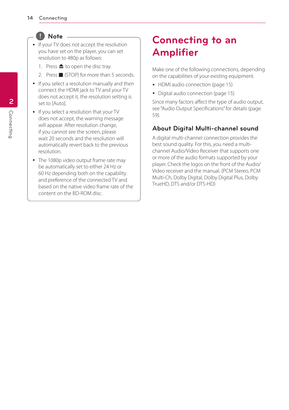 Connecting to an amplifier | LG BP530 User Manual | Page 14 / 68