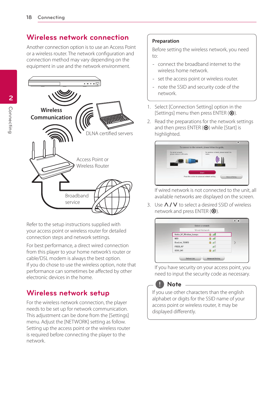 Wireless network connection, Wireless network setup | LG BP530 User Manual | Page 18 / 68