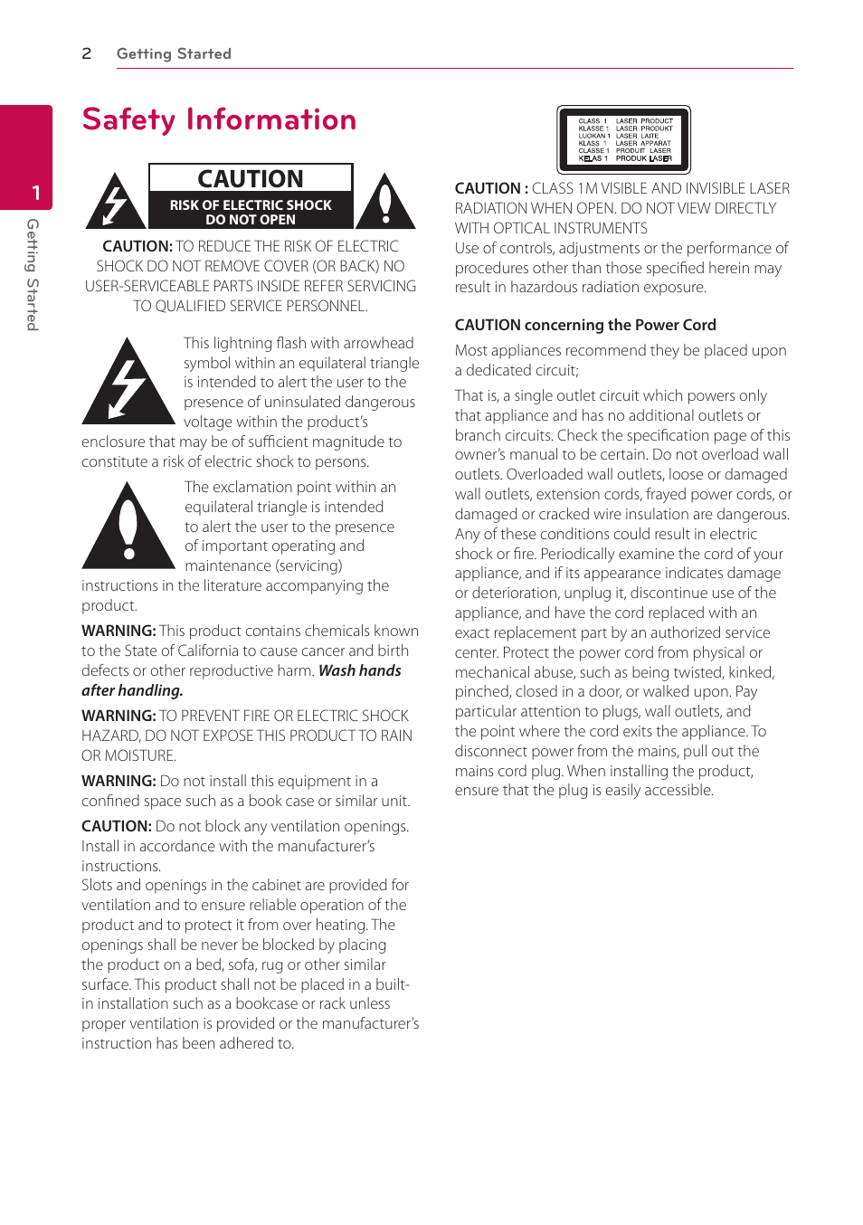 1 getting started, Safety information, Caution | LG BP530 User Manual | Page 2 / 68