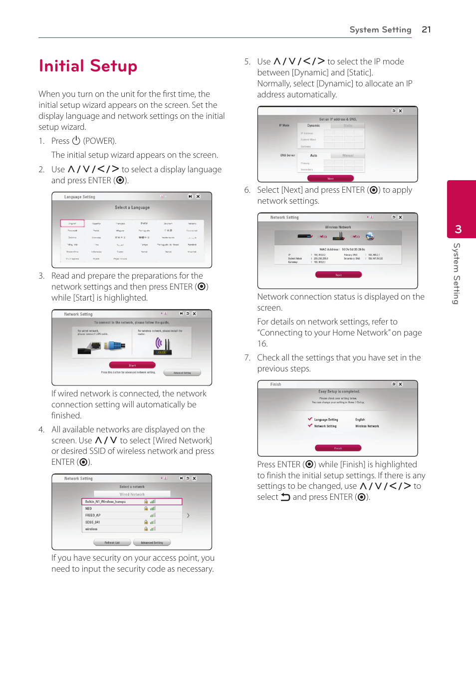 3 system setting, Initial setup | LG BP530 User Manual | Page 21 / 68