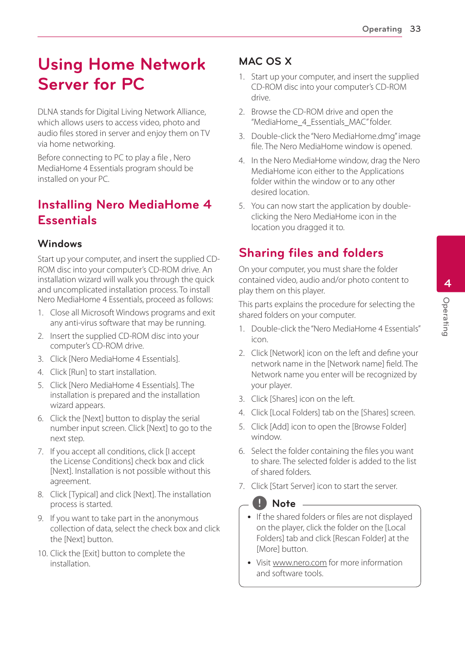 Using home network server for pc, Installing nero mediahome 4 essentials, Sharing files and folders | Essentials, 33 – sharing files and folders | LG BP530 User Manual | Page 33 / 68