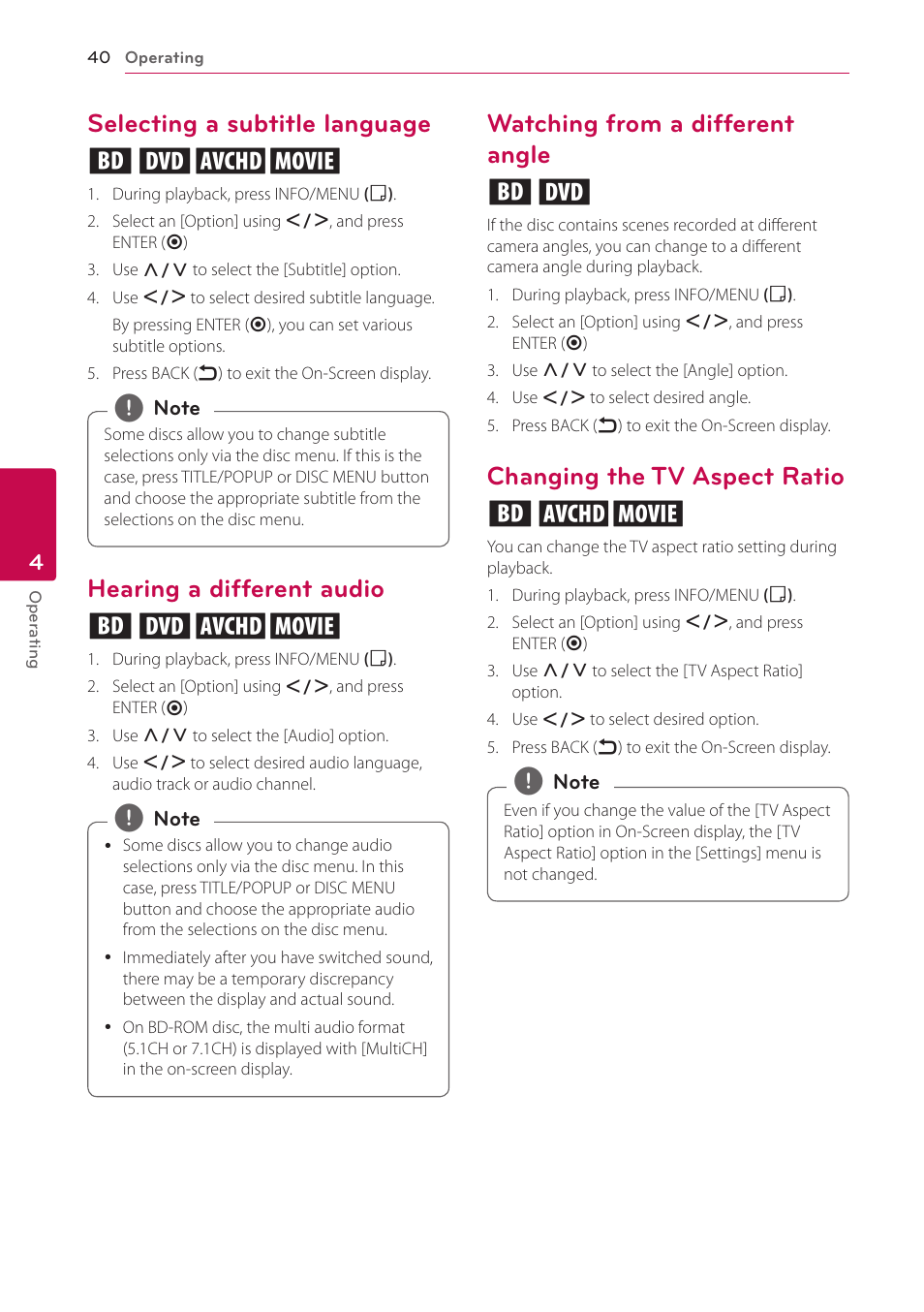 Selecting a subtitle language, Hearing a different audio, Watching from a different angle | Changing the tv aspect ratio, Selecting a subtitle language eroy, Hearing a different audio eroy, Watching from a different angle er, Changing the tv aspect ratio eoy | LG BP530 User Manual | Page 40 / 68