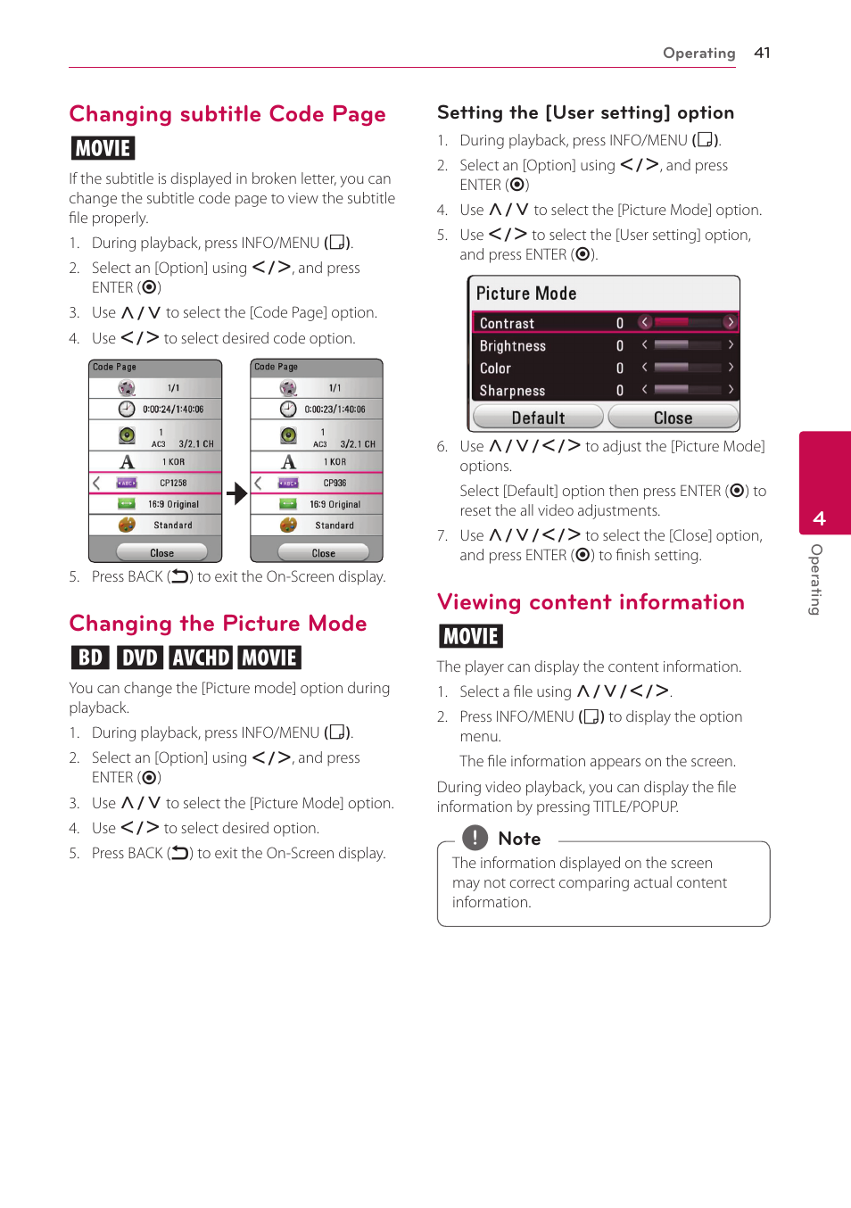 Changing the picture mode, Viewing content information, Changing subtitle code page y | Changing the picture mode eroy, Viewing content information y | LG BP530 User Manual | Page 41 / 68