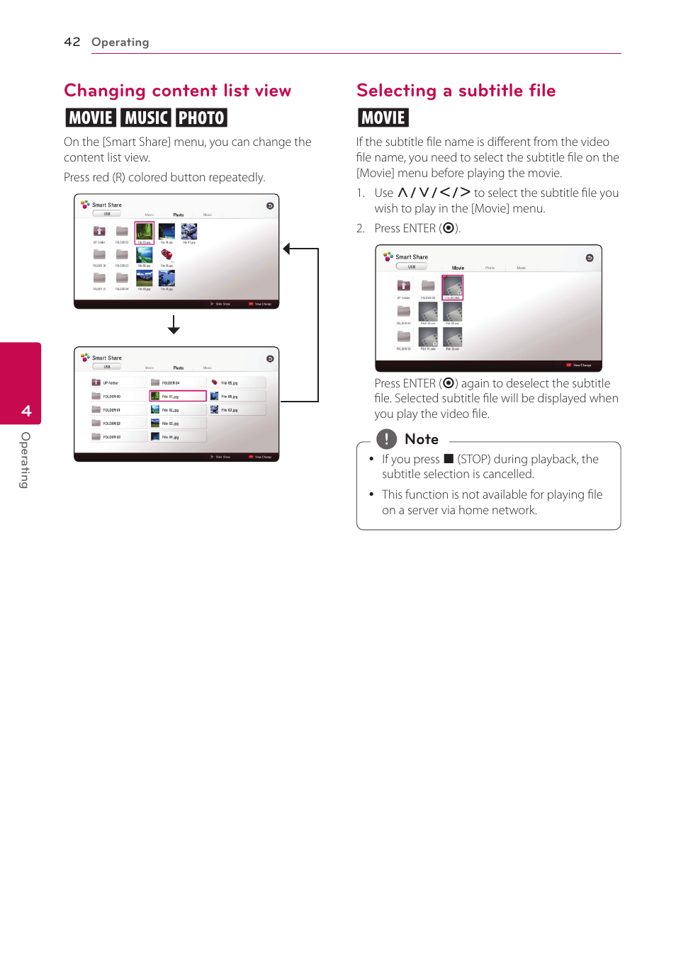 Changing content list view, Selecting a subtitle file, Changing content list view yui | Selecting a subtitle file y | LG BP530 User Manual | Page 42 / 68