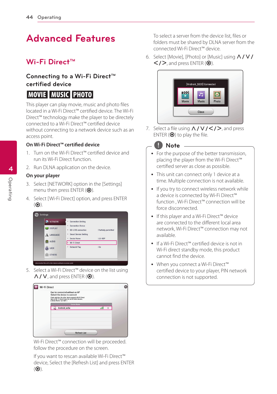 Advanced features, Wi-fi direct, 44 advanced features 44 – wi-fi direct | LG BP530 User Manual | Page 44 / 68