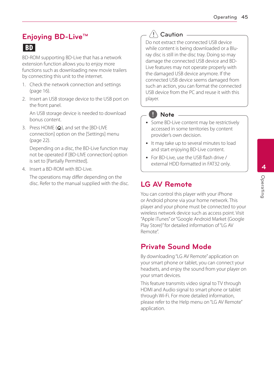 Enjoying bd-live, Lg av remote, Private sound mode | Enjoying bd-live™ e | LG BP530 User Manual | Page 45 / 68