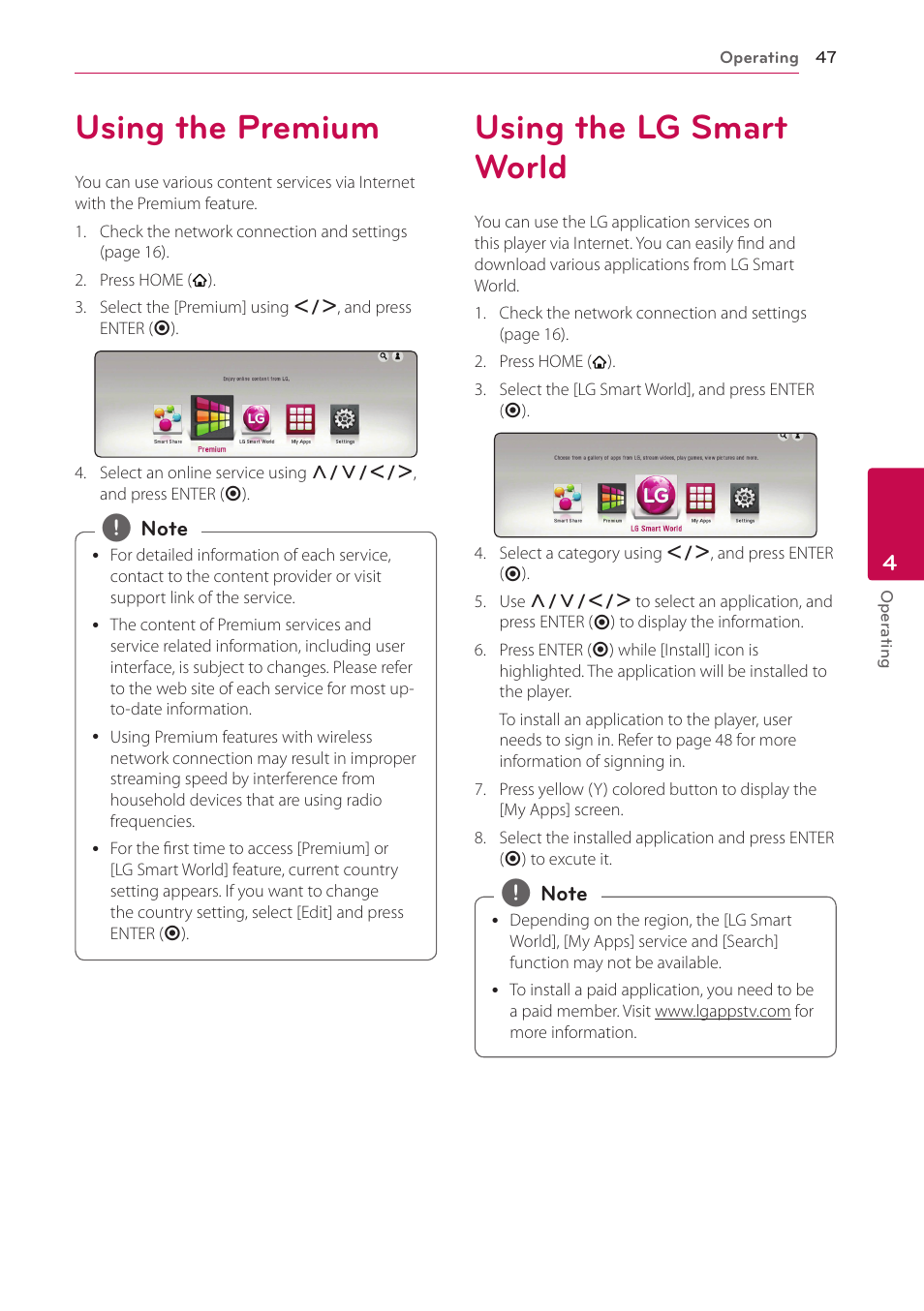 Using the premium, Using the lg smart world, 47 using the premium 47 using the lg smart world | LG BP530 User Manual | Page 47 / 68