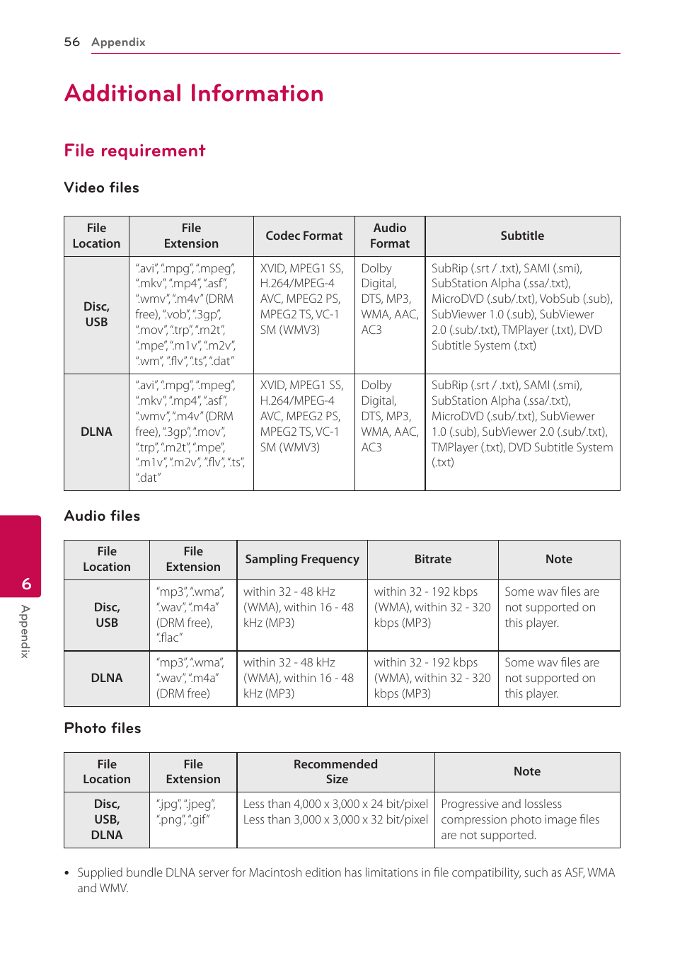 Additional information, File requirement, 56 additional information 56 – file requirement | LG BP530 User Manual | Page 56 / 68