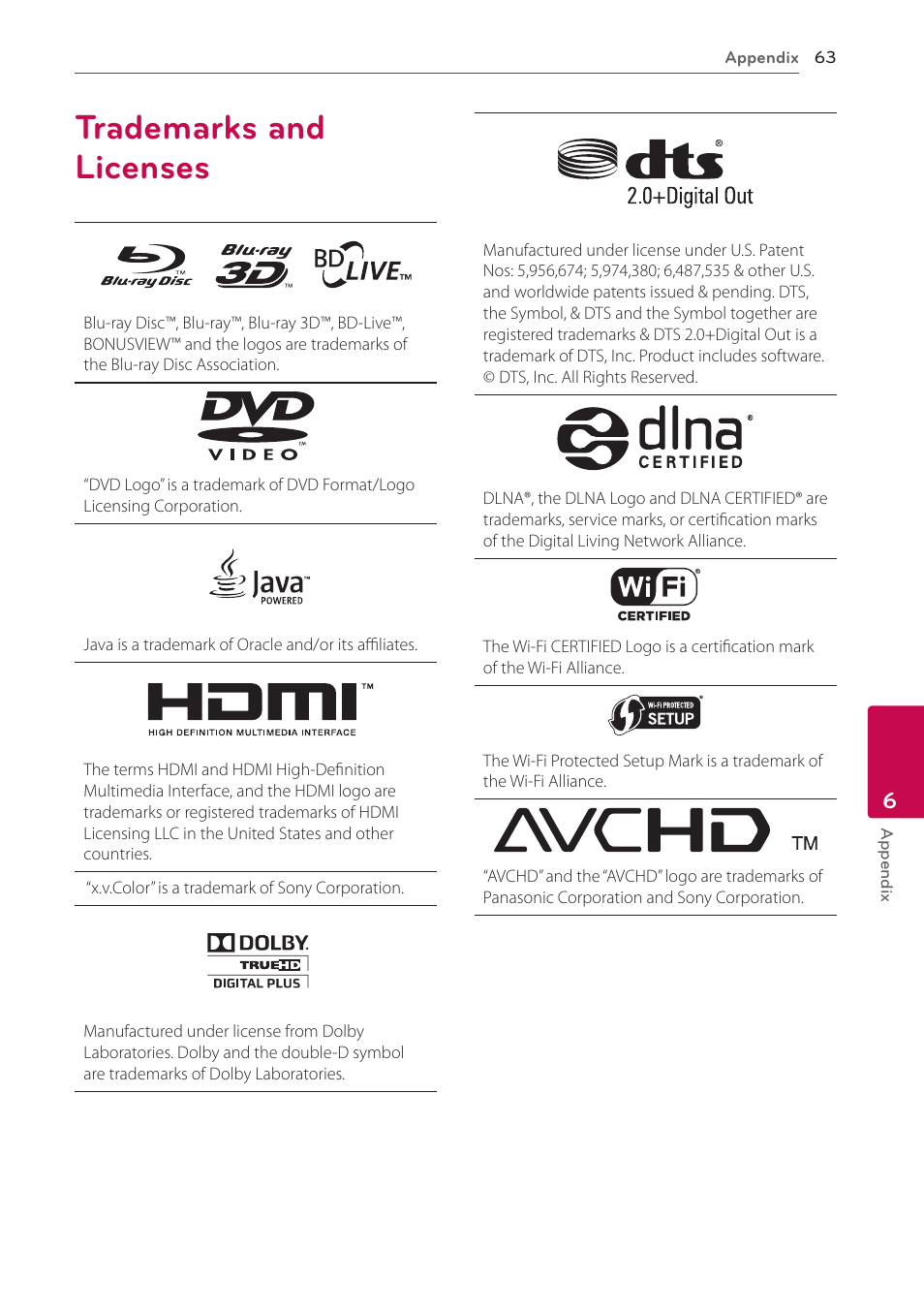 Trademarks and licenses, 63 trademarks and licenses | LG BP530 User Manual | Page 63 / 68