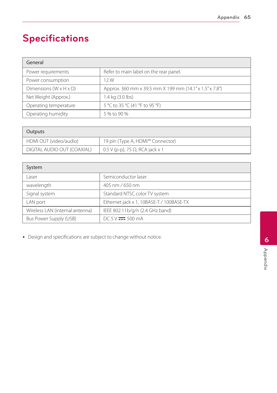 Specifications, 65 specifications | LG BP530 User Manual | Page 65 / 68