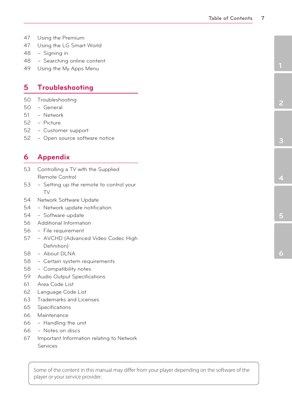 5 troubleshooting, 6 appendix | LG BP530 User Manual | Page 7 / 68