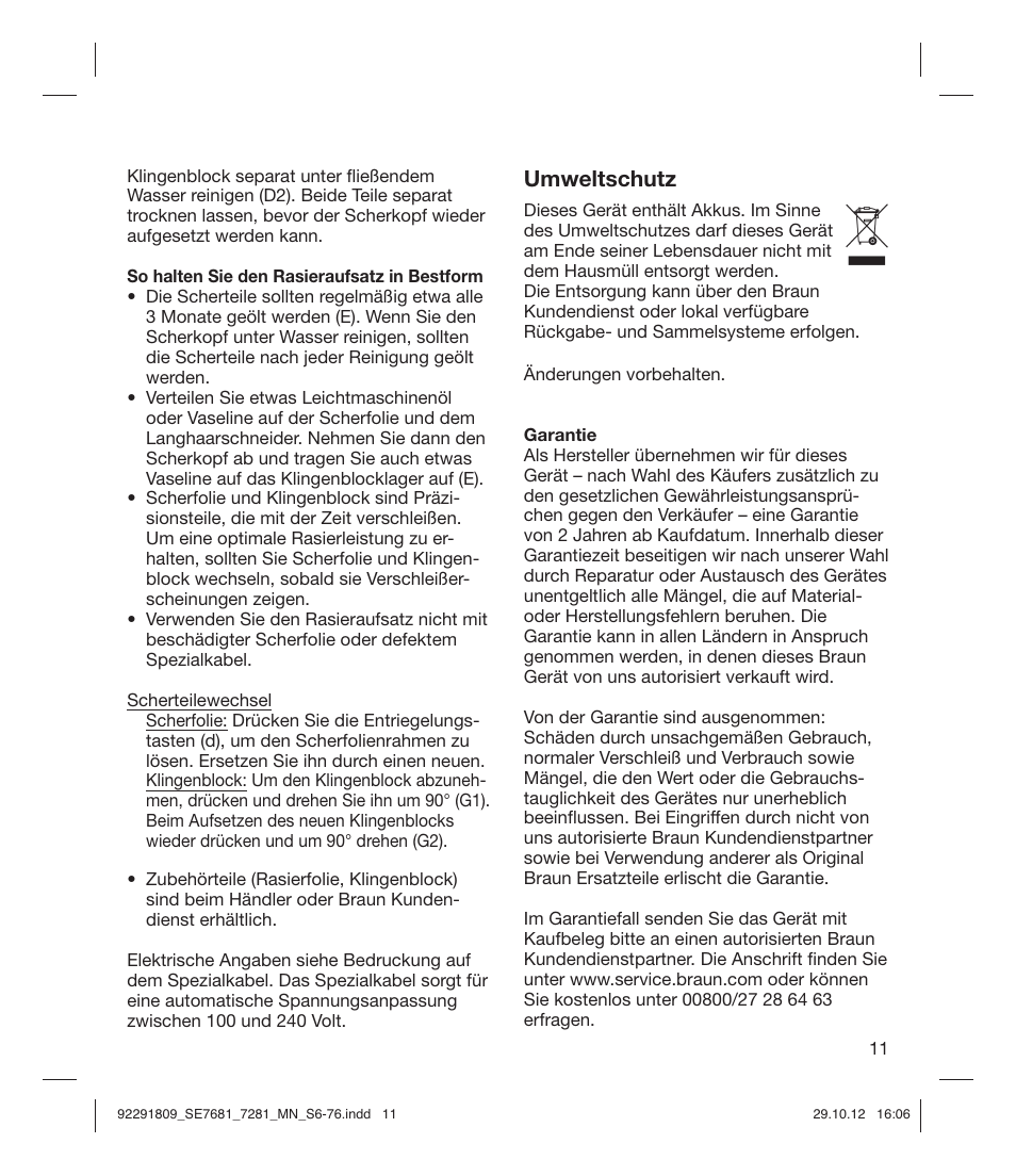Umweltschutz | Braun 7681-5377 Silk-épil 7 User Manual | Page 11 / 74
