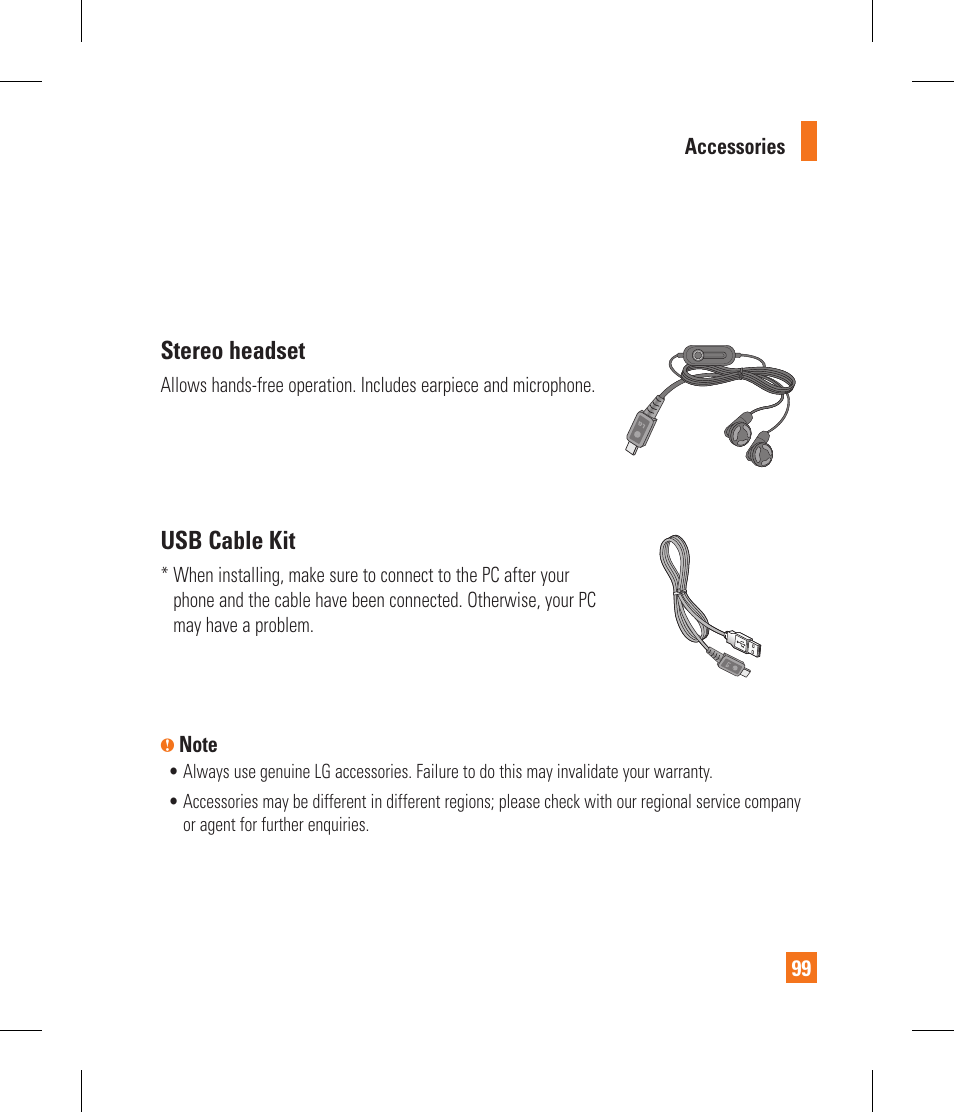 Stereo headset, Usb cable kit | LG CF360 User Manual | Page 103 / 262