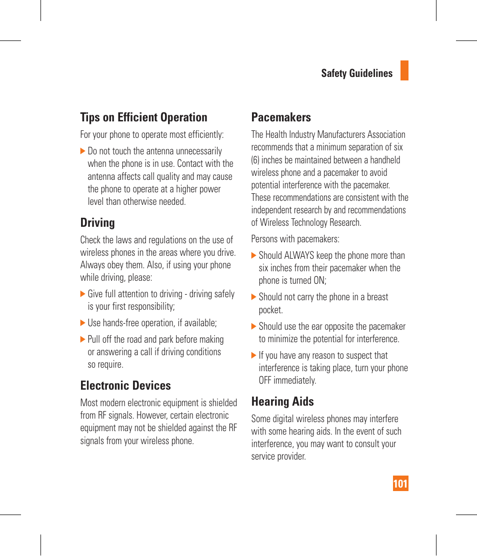 Tips on efficient operation, Driving, Electronic devices | Pacemakers, Hearing aids | LG CF360 User Manual | Page 105 / 262