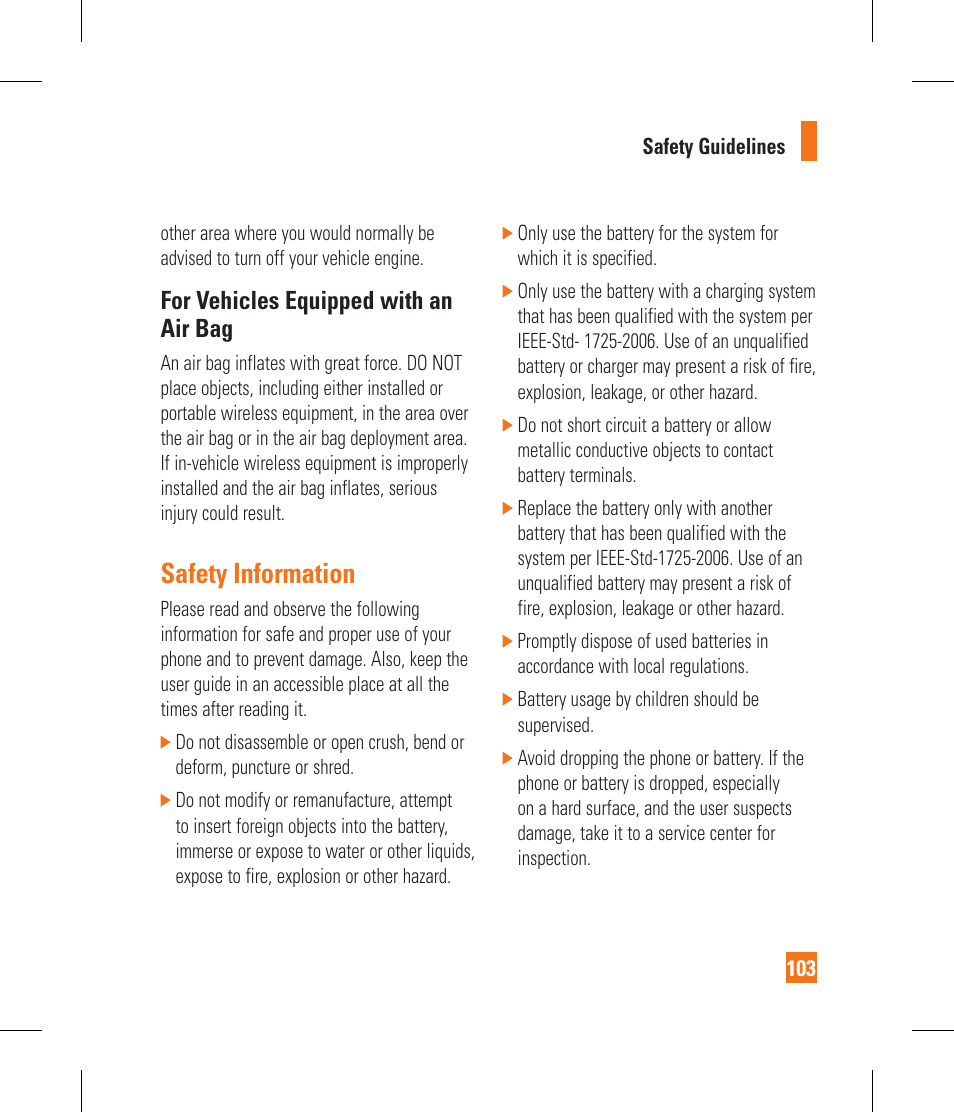 Safety information, For vehicles equipped with an air bag | LG CF360 User Manual | Page 107 / 262