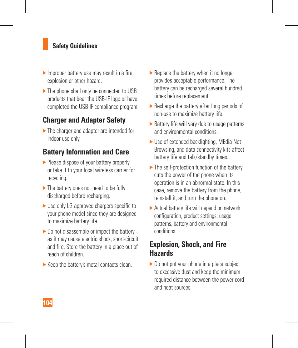 Charger and adapter safety, Battery information and care, Explosion, shock, and fire hazards | LG CF360 User Manual | Page 108 / 262