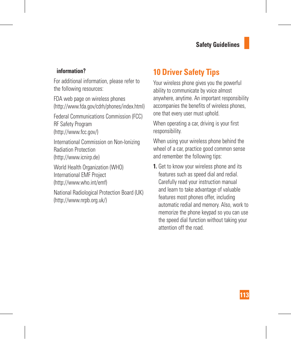 10 driver safety tips | LG CF360 User Manual | Page 117 / 262