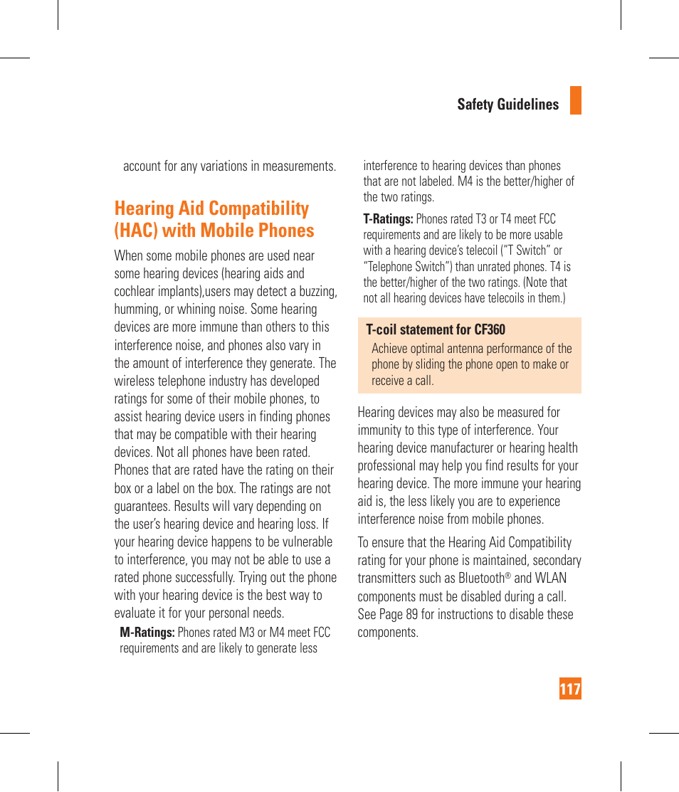 Hearing aid compatibility (hac) with mobile phones | LG CF360 User Manual | Page 121 / 262