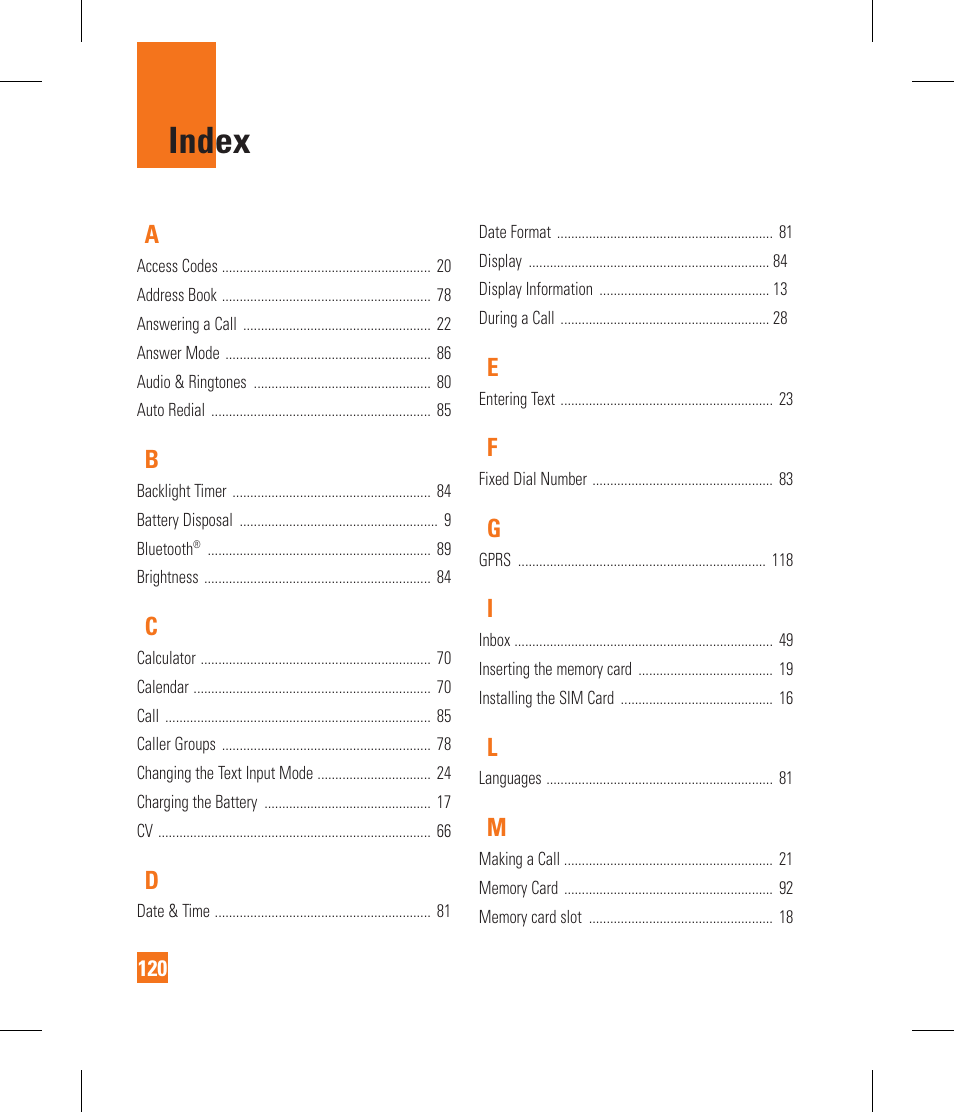 Index | LG CF360 User Manual | Page 124 / 262