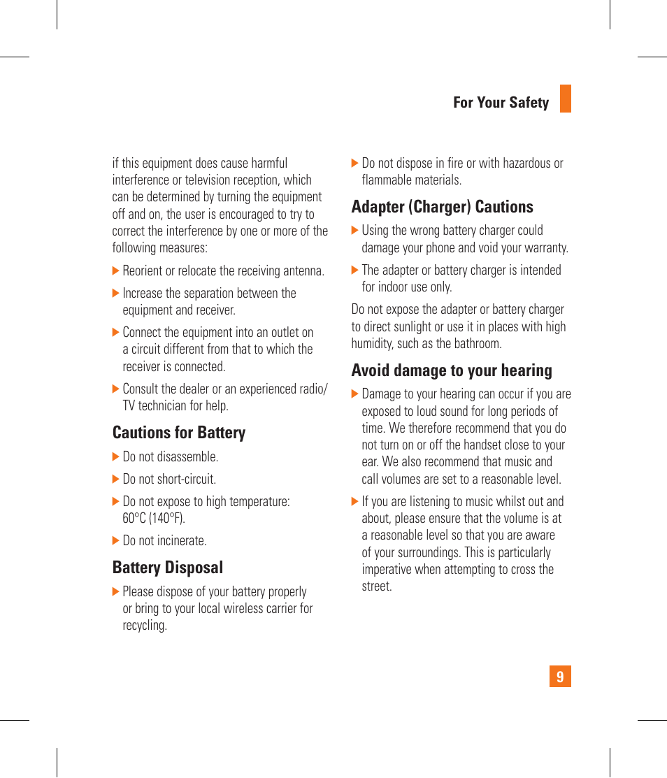 Cautions for battery, Battery disposal, Adapter (charger) cautions | Avoid damage to your hearing | LG CF360 User Manual | Page 13 / 262