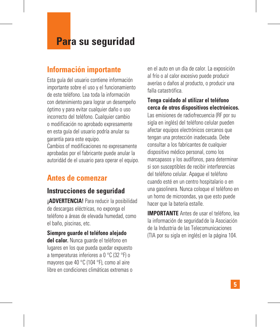 Para su seguridad, Información importante, Antes de comenzar | LG CF360 User Manual | Page 138 / 262