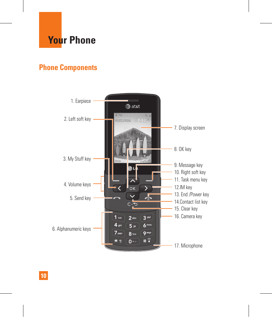 Your phone, Phone components | LG CF360 User Manual | Page 14 / 262