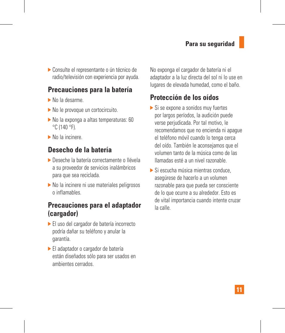 Precauciones para la batería, Desecho de la batería, Precauciones para el adaptador (cargador) | Protección de los oídos | LG CF360 User Manual | Page 144 / 262