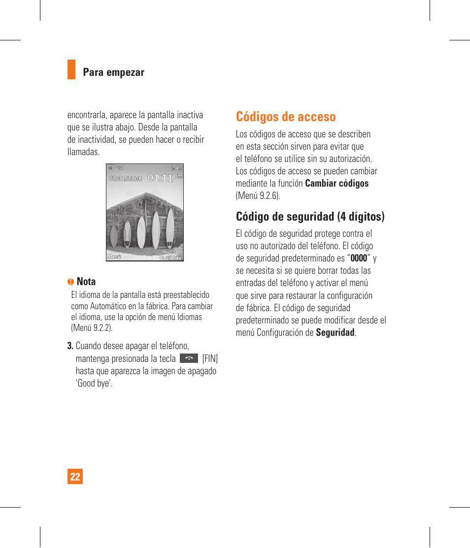 Códigos de acceso, Código de seguridad (4 dígitos) | LG CF360 User Manual | Page 155 / 262