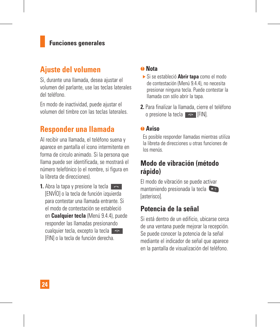 Ajuste del volumen, Responder una llamada, Modo de vibración (método rápido) | Potencia de la señal | LG CF360 User Manual | Page 157 / 262