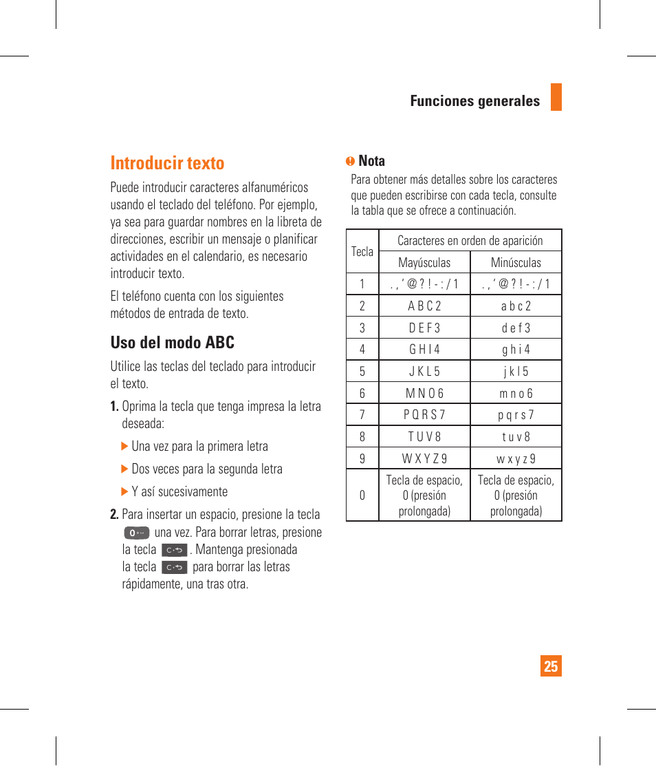 Introducir texto, Uso del modo abc | LG CF360 User Manual | Page 158 / 262