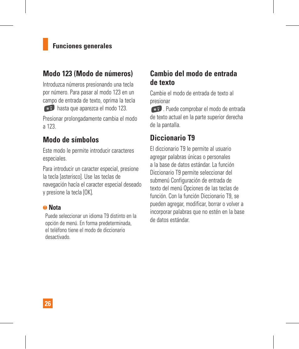 Modo 123 (modo de números), Modo de símbolos, Cambio del modo de entrada de texto | Diccionario t9 | LG CF360 User Manual | Page 159 / 262