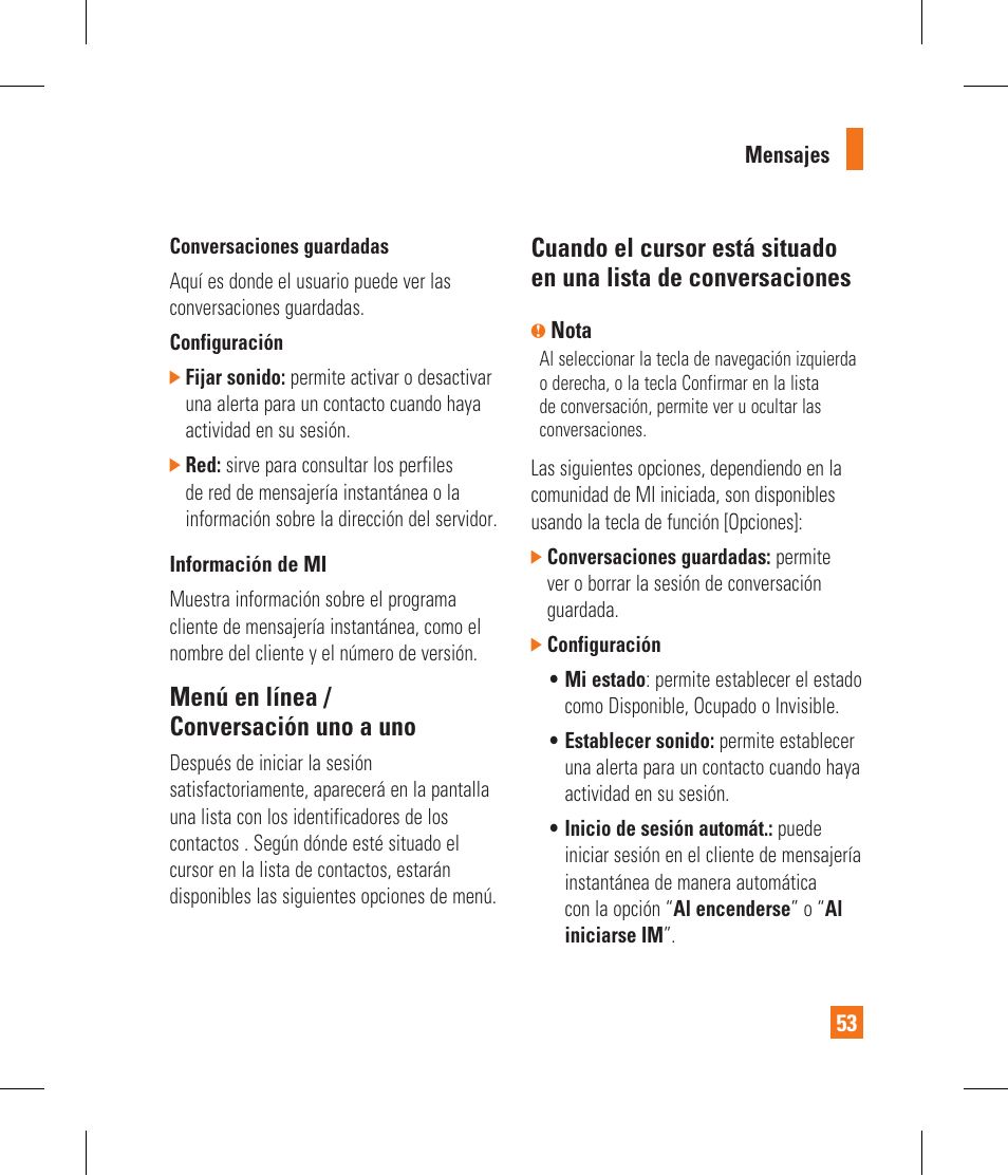 Menú en línea / conversación uno a uno | LG CF360 User Manual | Page 186 / 262