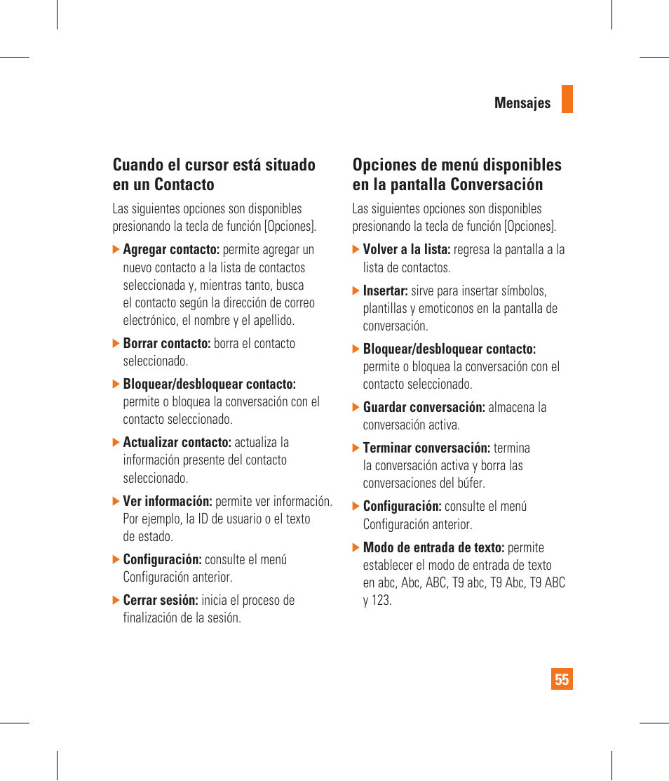 Cuando el cursor está situado en un contacto | LG CF360 User Manual | Page 188 / 262