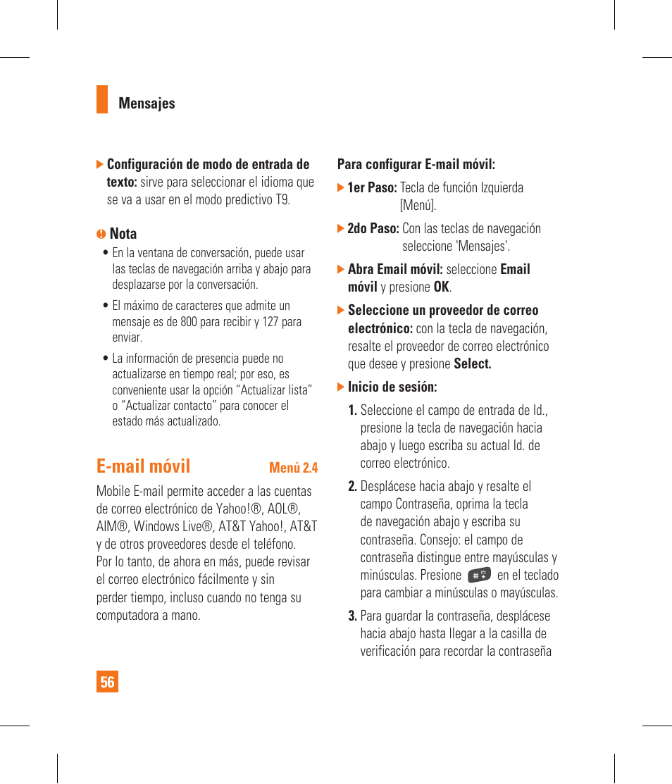 E-mail móvil | LG CF360 User Manual | Page 189 / 262