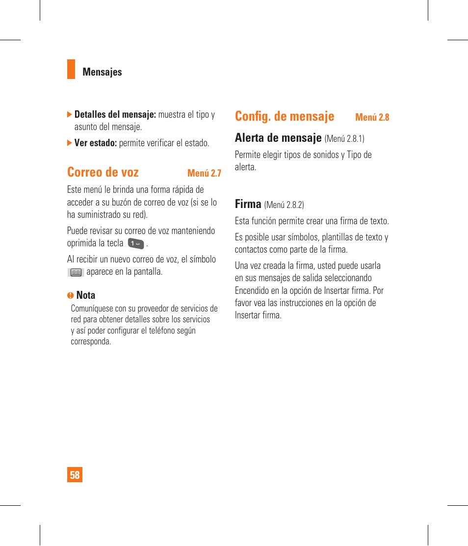 Correo de voz, Confi g. de mensaje, Alerta de mensaje | Firma | LG CF360 User Manual | Page 191 / 262