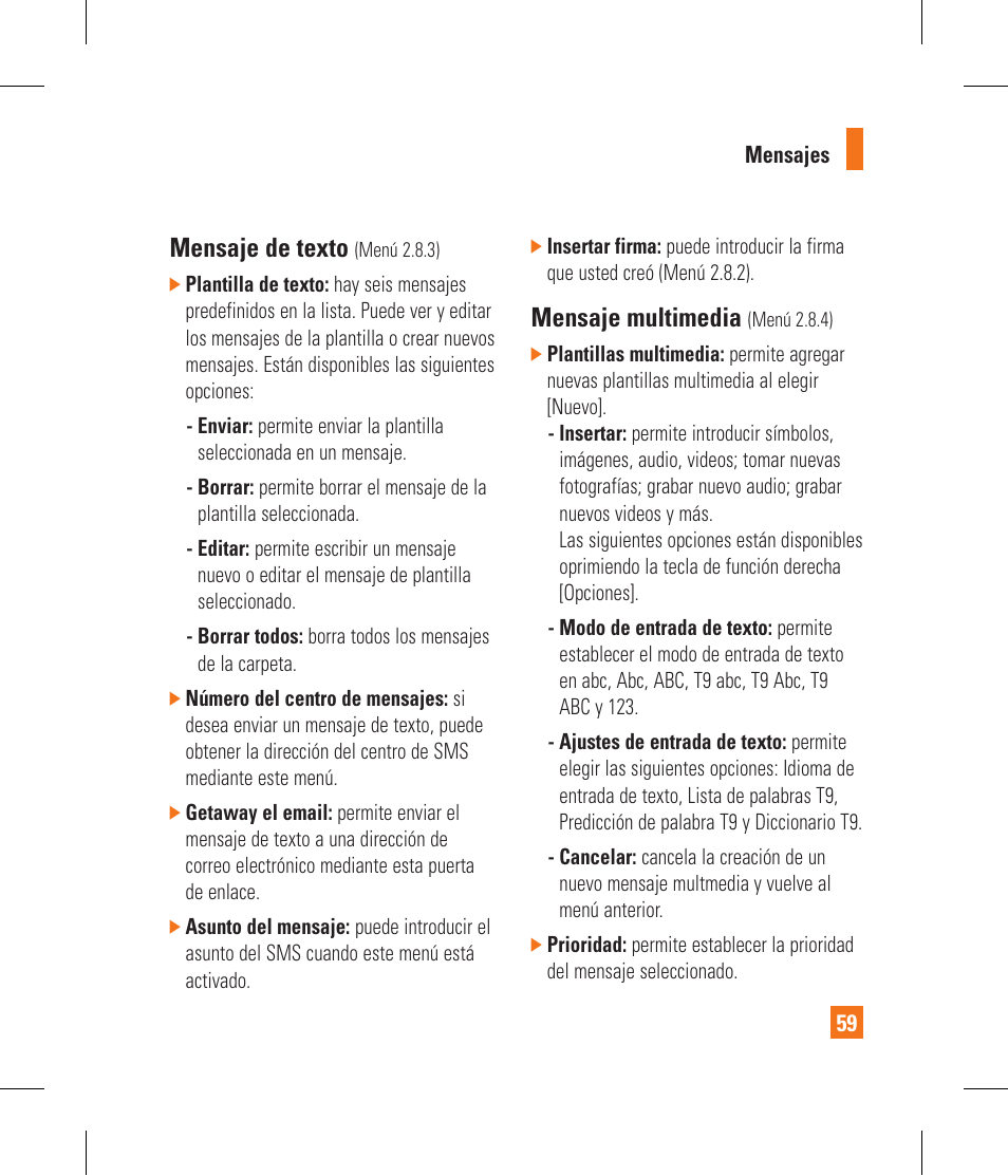 Mensaje de texto, Mensaje multimedia | LG CF360 User Manual | Page 192 / 262